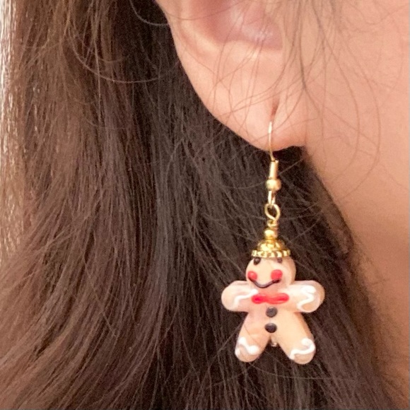 Handmade Lampwork Bead Gingerbread Christmas Earrings - Picture 2 of 10
